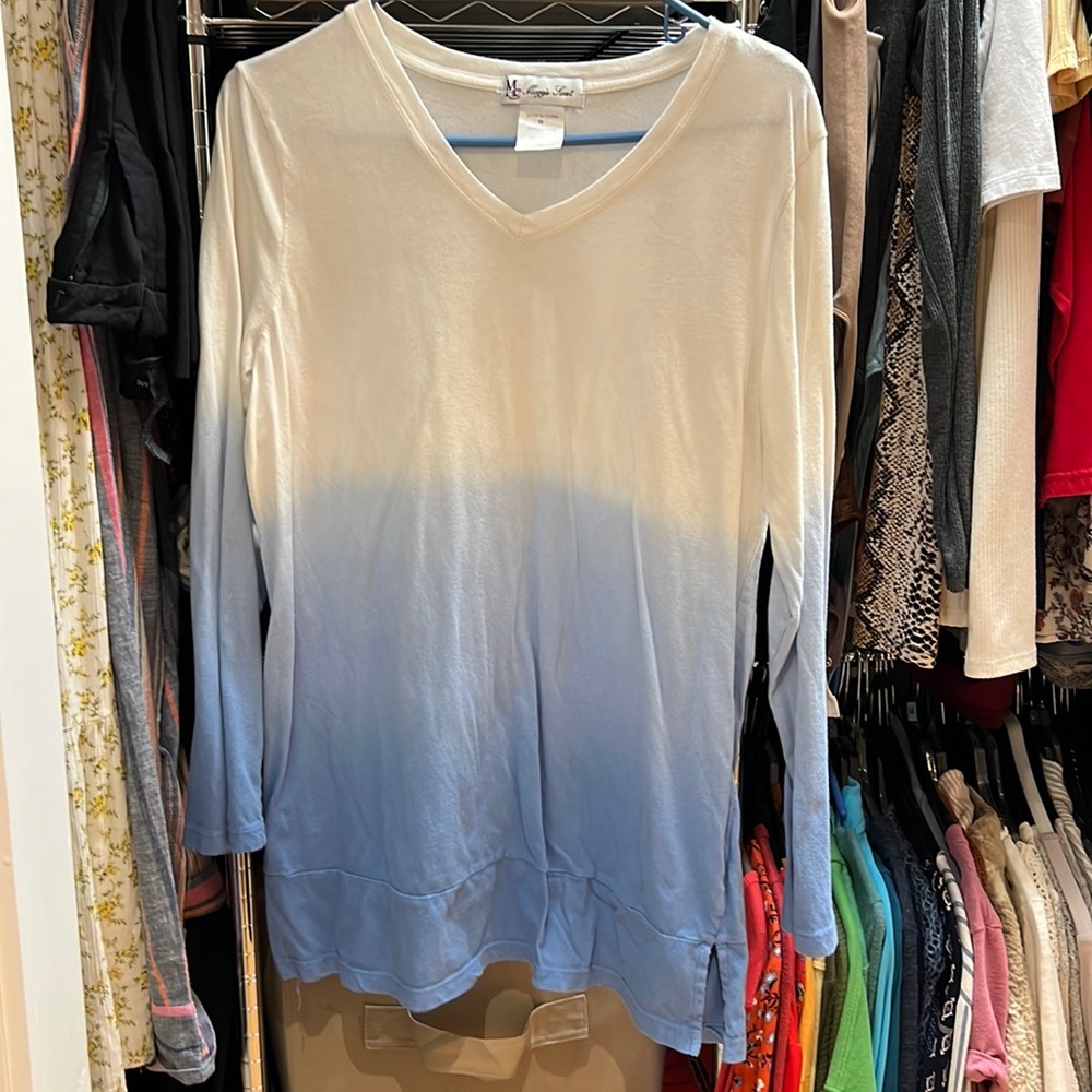 blue and white ombré long sleeved shirt